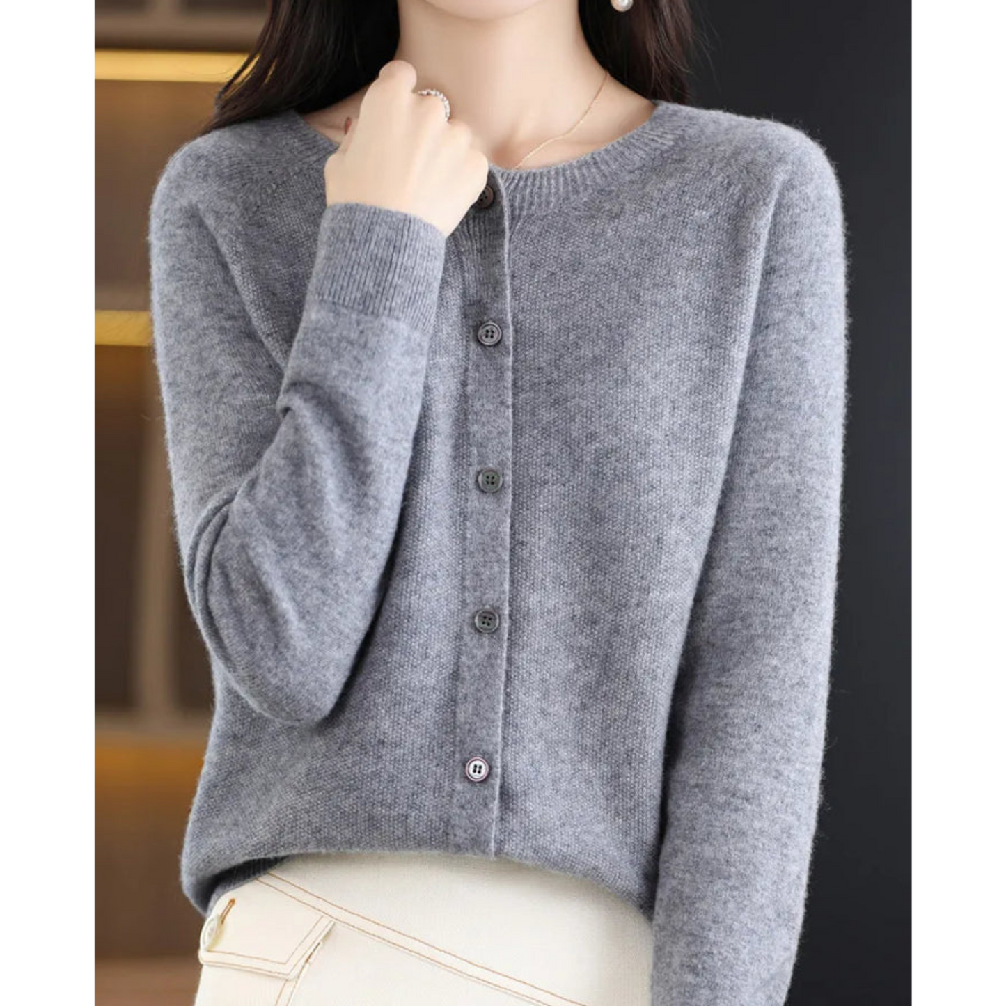 Akisha - Maglione in cashmere con cardigan o collo in pura lana merino da donna